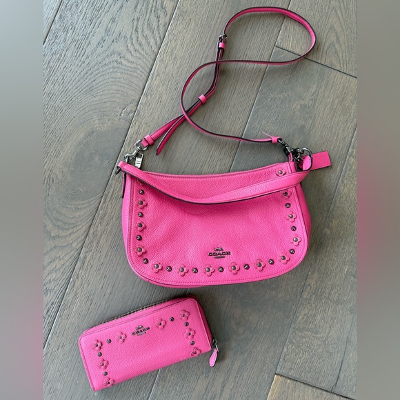 Coach Handbags - LIKE NEW Coach Chelsea Floral Dark Pink Leather Bag w/Matching Accordion Wallet